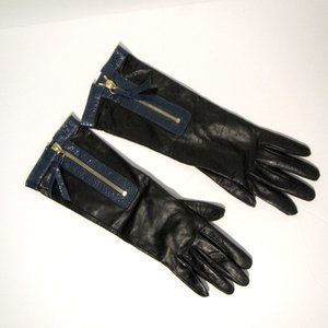 Coach Black Leather Gloves with Blue Trim, Zipper, Tassels, Size 7.5